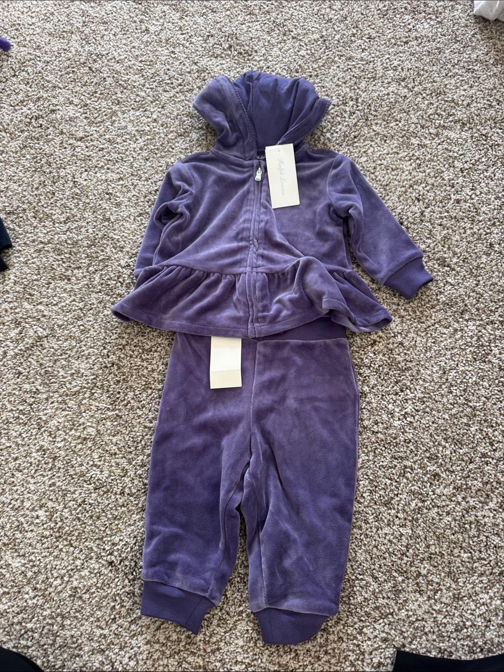 Ralph Lauren Purple Velour Hooded Peplum Tracksuit Set - Girls